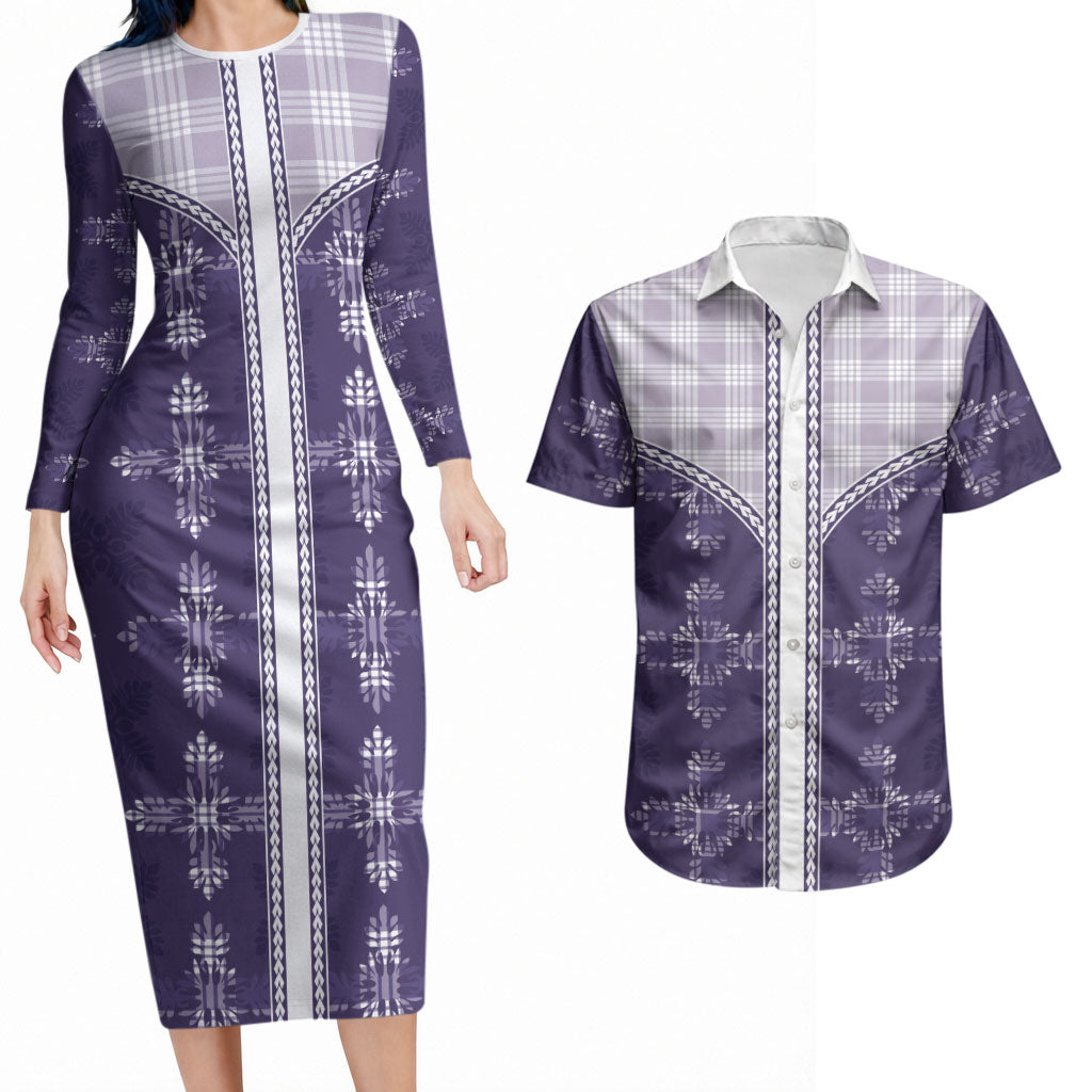 Purple Hawaii Paniolo Quilt Motif Couples Matching Long Sleeve Bodycon Dress and Hawaiian Shirt
