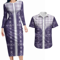 Purple Hawaii Paniolo Quilt Motif Couples Matching Long Sleeve Bodycon Dress and Hawaiian Shirt