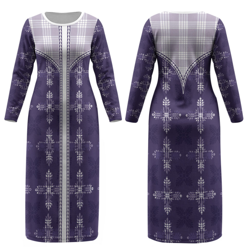 Purple Hawaii Paniolo Quilt Motif Couples Matching Long Sleeve Bodycon Dress and Hawaiian Shirt