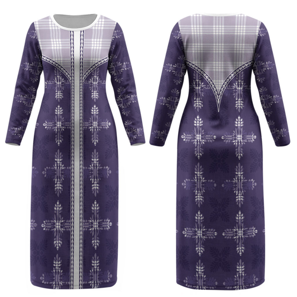 Purple Hawaii Paniolo Quilt Motif Couples Matching Long Sleeve Bodycon Dress and Long Sleeve Button Shirt