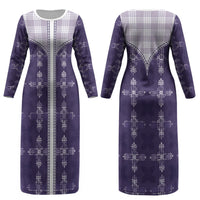 Purple Hawaii Paniolo Quilt Motif Couples Matching Long Sleeve Bodycon Dress and Long Sleeve Button Shirt