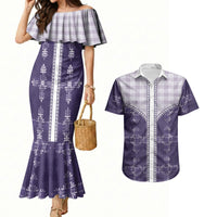 Purple Hawaii Paniolo Quilt Motif Couples Matching Mermaid Dress and Hawaiian Shirt