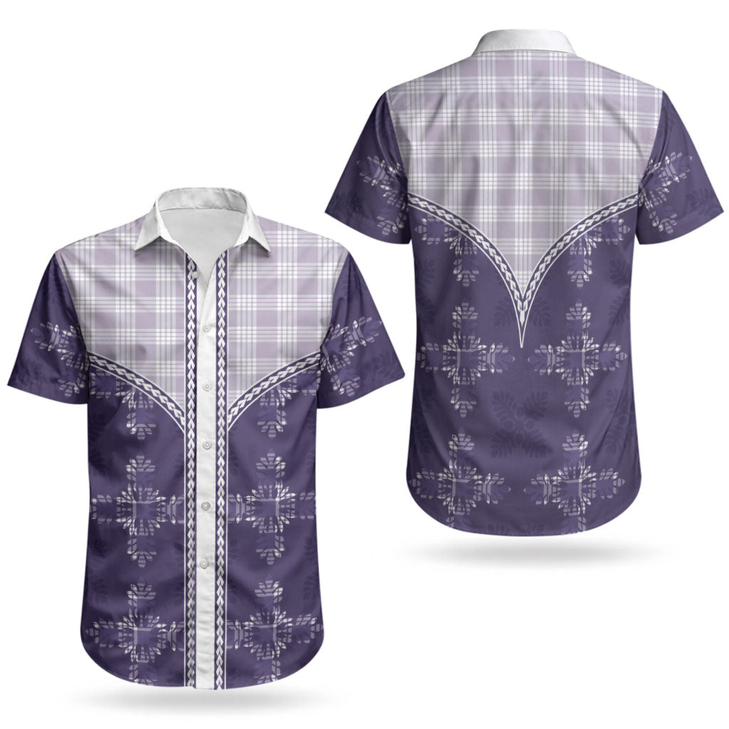 Purple Hawaii Paniolo Quilt Motif Couples Matching Mermaid Dress and Hawaiian Shirt