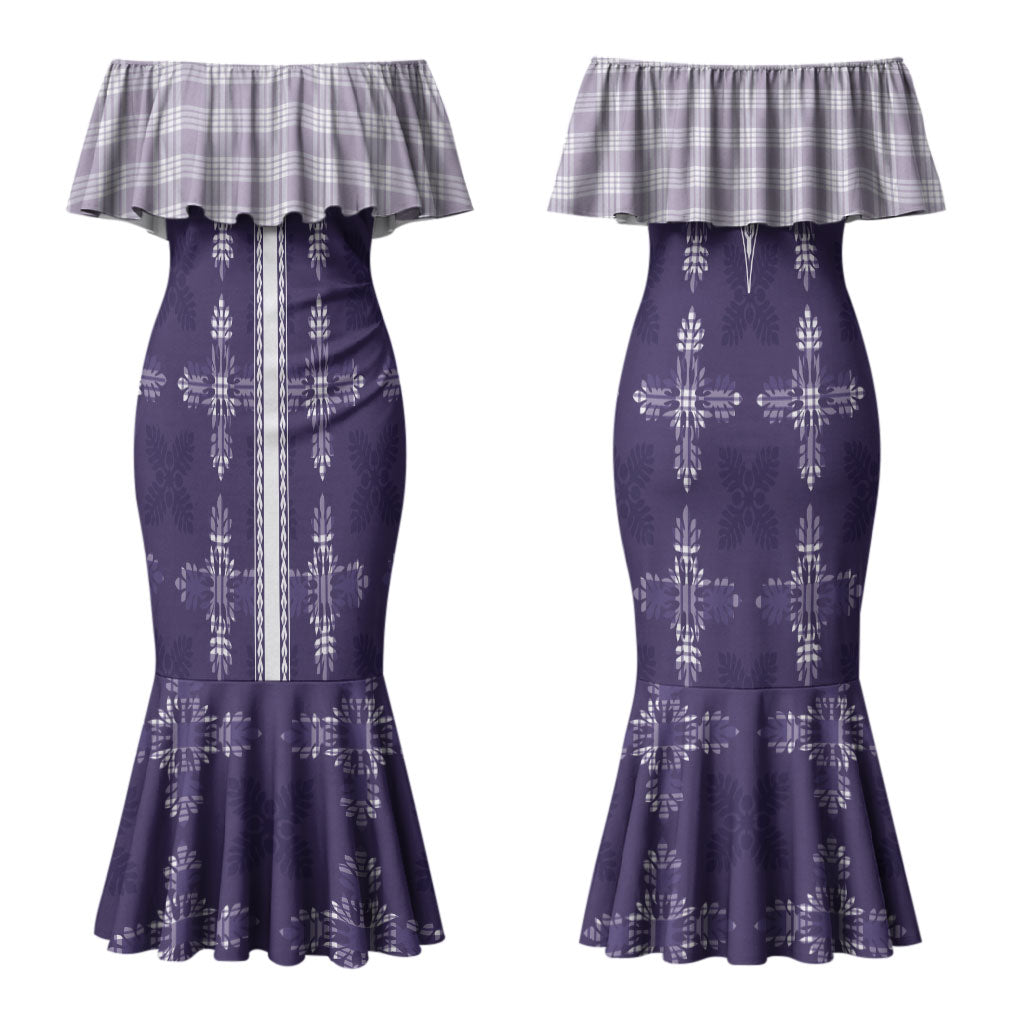 Purple Hawaii Paniolo Quilt Motif Couples Matching Mermaid Dress and Hawaiian Shirt