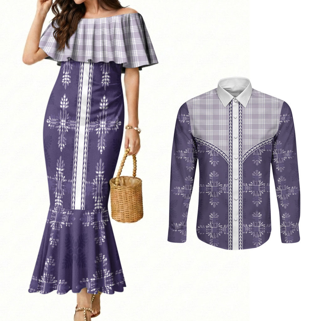 Purple Hawaii Paniolo Quilt Motif Couples Matching Mermaid Dress and Long Sleeve Button Shirt LT05 Purple - Polynesian Pride