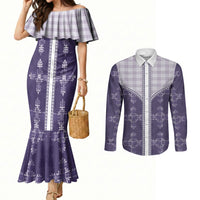 Purple Hawaii Paniolo Quilt Motif Couples Matching Mermaid Dress and Long Sleeve Button Shirt