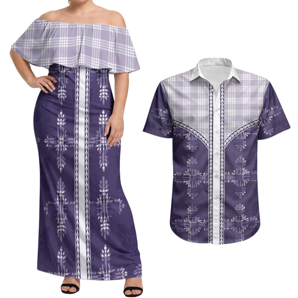 Purple Hawaii Paniolo Quilt Motif Couples Matching Off Shoulder Maxi Dress and Hawaiian Shirt
