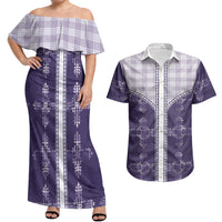 Purple Hawaii Paniolo Quilt Motif Couples Matching Off Shoulder Maxi Dress and Hawaiian Shirt