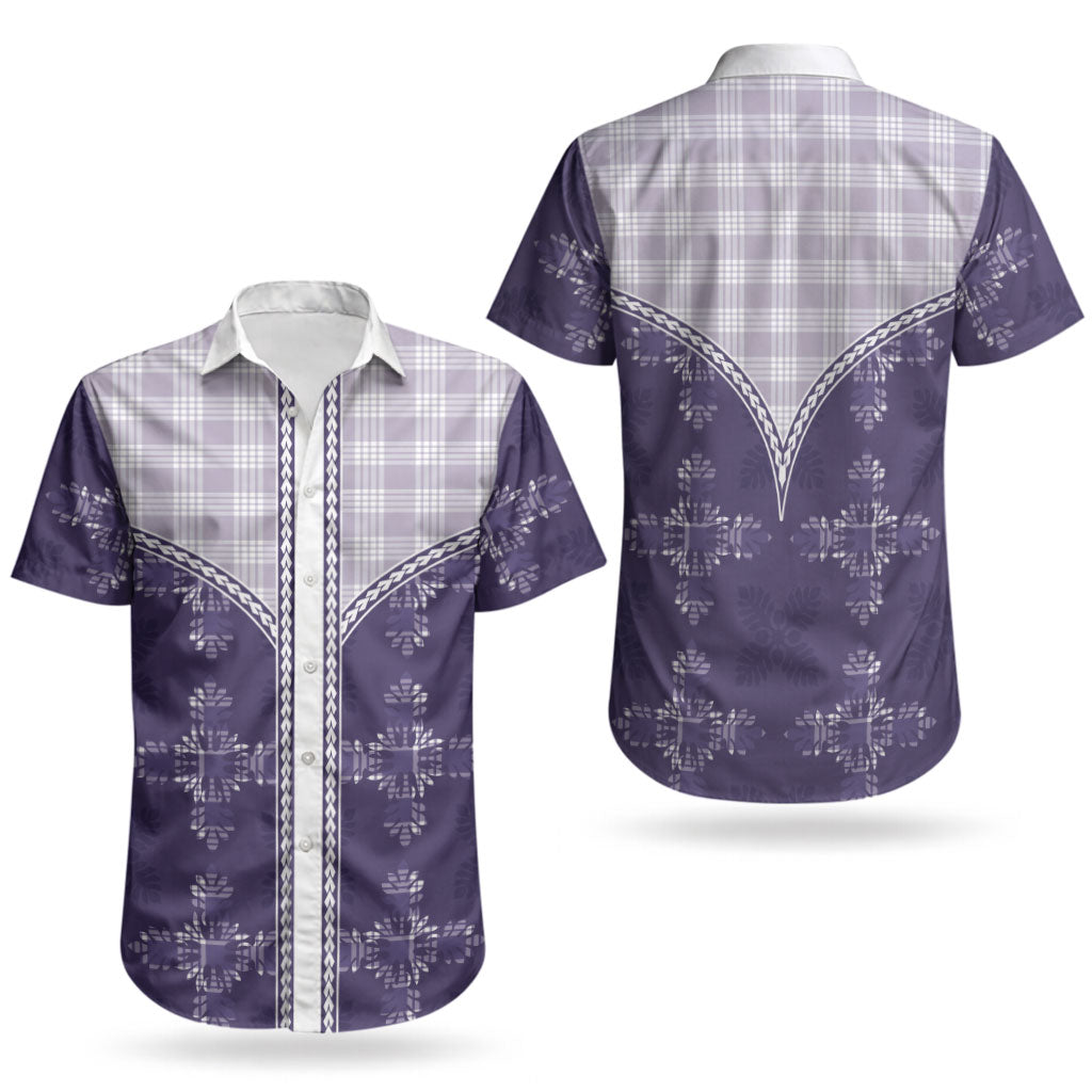 Purple Hawaii Paniolo Quilt Motif Couples Matching Off Shoulder Maxi Dress and Hawaiian Shirt