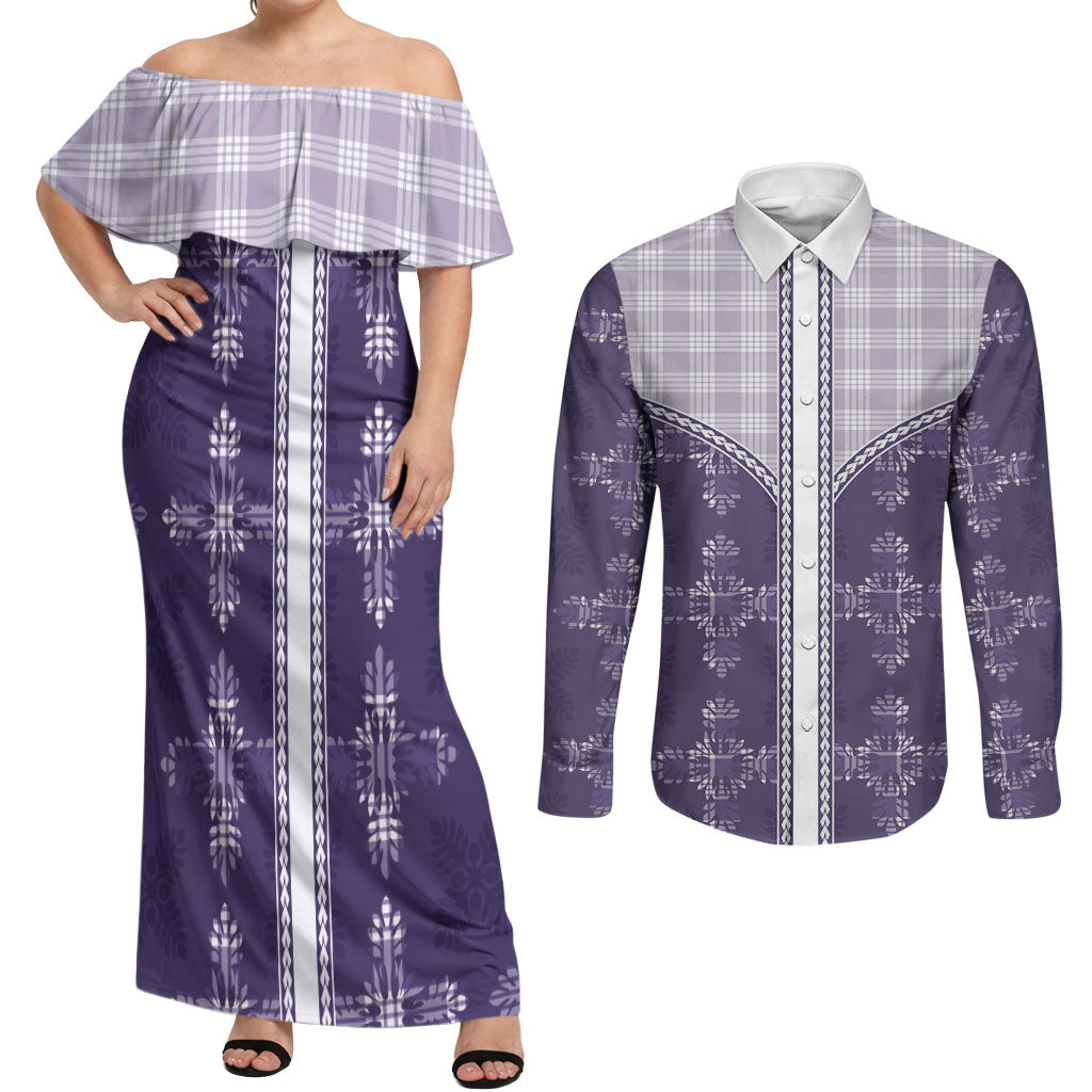 Purple Hawaii Paniolo Quilt Motif Couples Matching Off Shoulder Maxi Dress and Long Sleeve Button Shirt LT05 Purple - Polynesian Pride