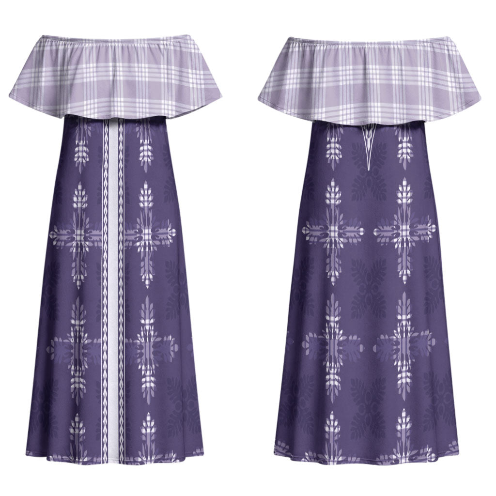 Purple Hawaii Paniolo Quilt Motif Couples Matching Off Shoulder Maxi Dress and Long Sleeve Button Shirt