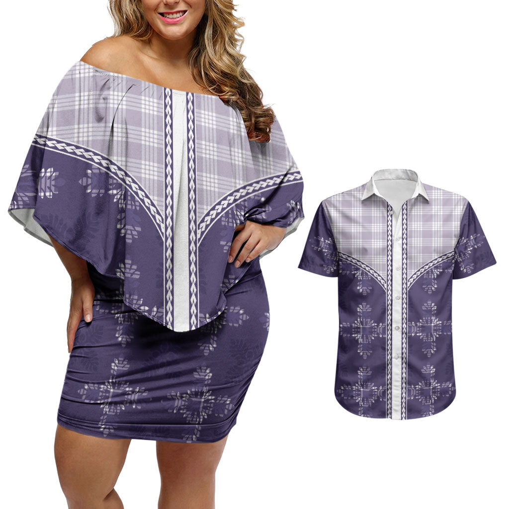 Purple Hawaii Paniolo Quilt Motif Couples Matching Off Shoulder Short Dress and Hawaiian Shirt