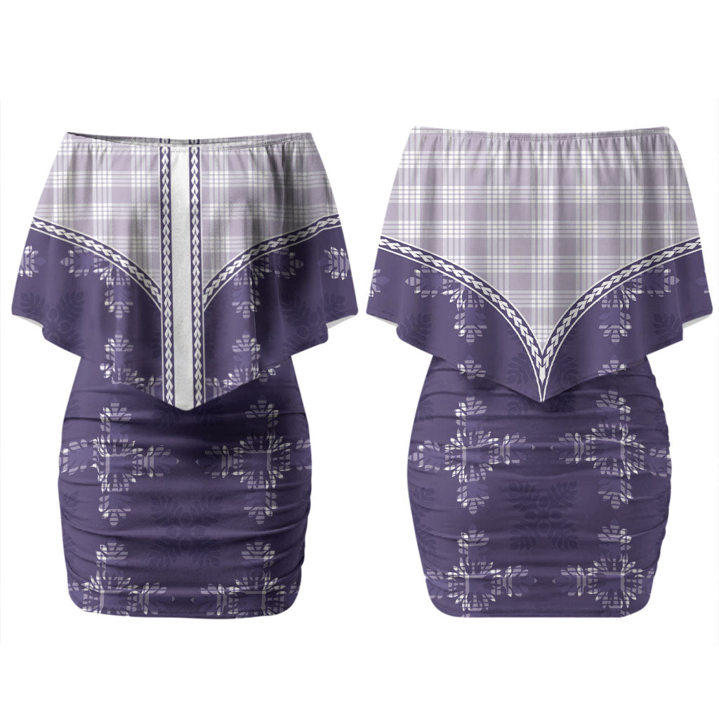 Purple Hawaii Paniolo Quilt Motif Couples Matching Off Shoulder Short Dress and Hawaiian Shirt