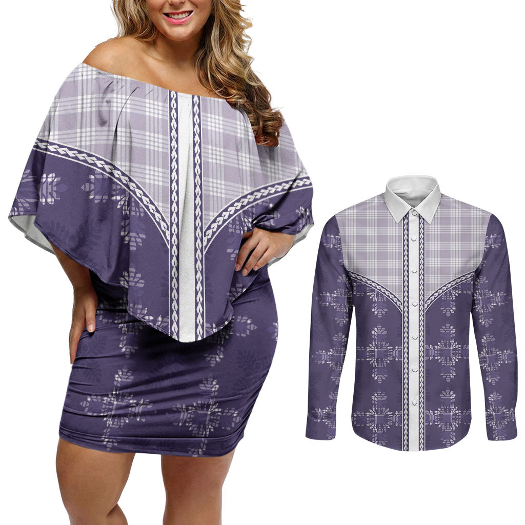 Purple Hawaii Paniolo Quilt Motif Couples Matching Off Shoulder Short Dress and Long Sleeve Button Shirt
