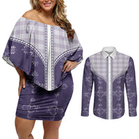 Purple Hawaii Paniolo Quilt Motif Couples Matching Off Shoulder Short Dress and Long Sleeve Button Shirt