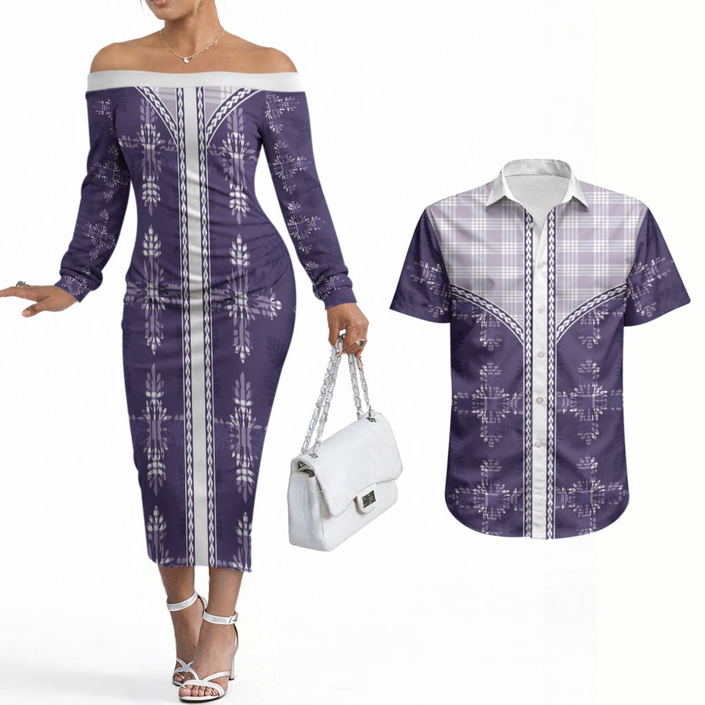 Purple Hawaii Paniolo Quilt Motif Couples Matching Off The Shoulder Long Sleeve Dress and Hawaiian Shirt
