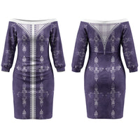 Purple Hawaii Paniolo Quilt Motif Couples Matching Off The Shoulder Long Sleeve Dress and Hawaiian Shirt