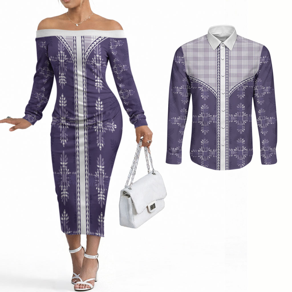 Purple Hawaii Paniolo Quilt Motif Couples Matching Off The Shoulder Long Sleeve Dress and Long Sleeve Button Shirt