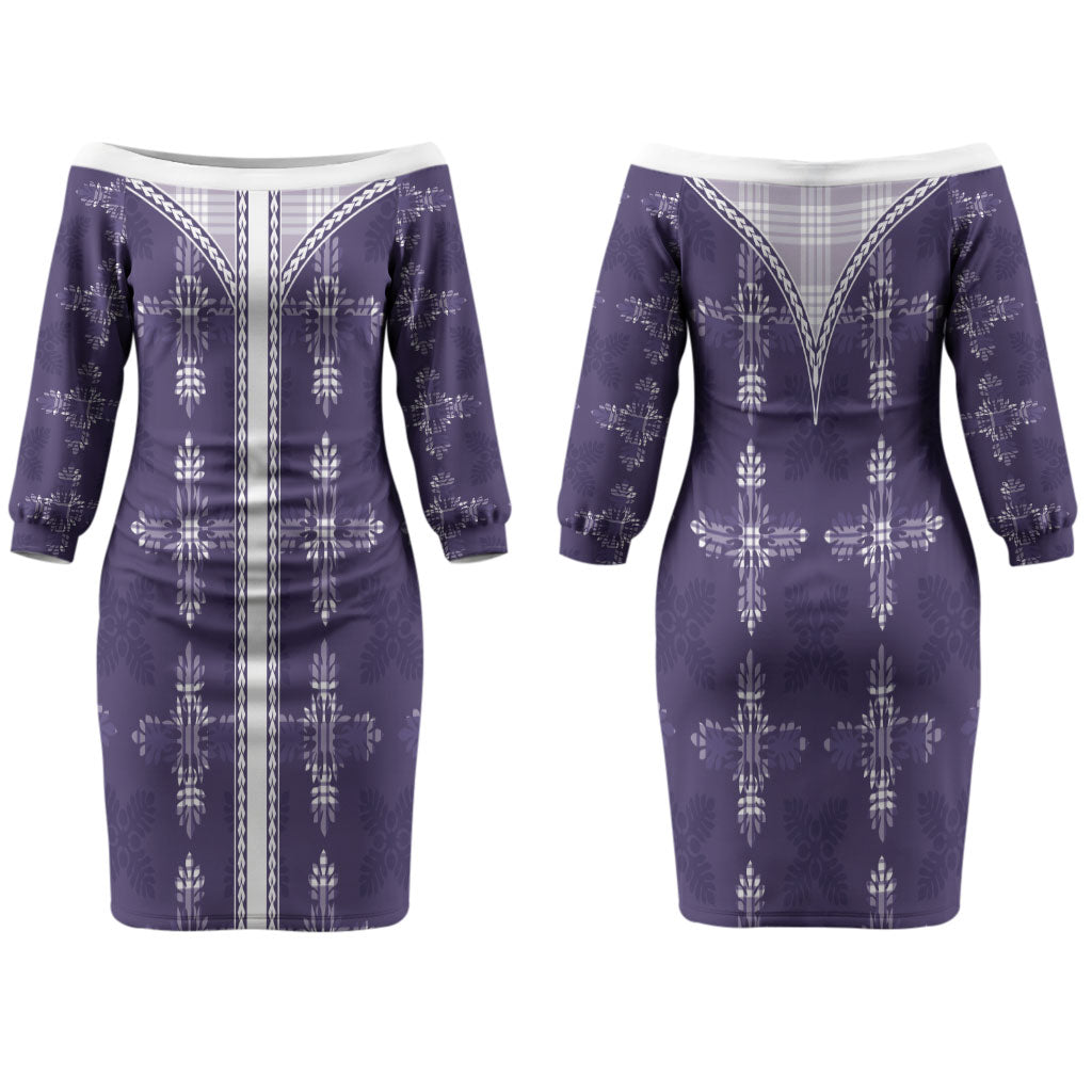 Purple Hawaii Paniolo Quilt Motif Couples Matching Off The Shoulder Long Sleeve Dress and Long Sleeve Button Shirt