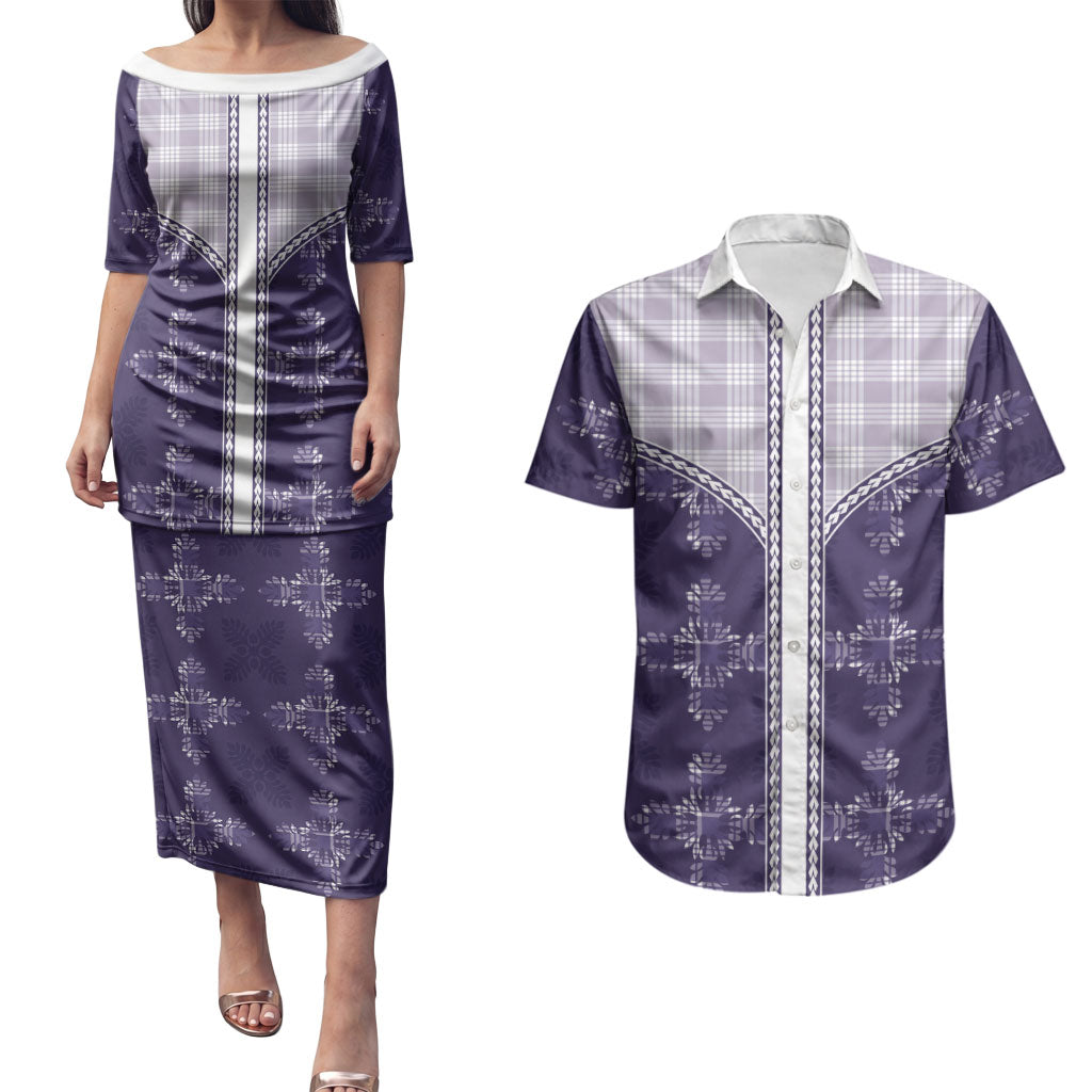 Purple Hawaii Paniolo Quilt Motif Couples Matching Puletasi and Hawaiian Shirt