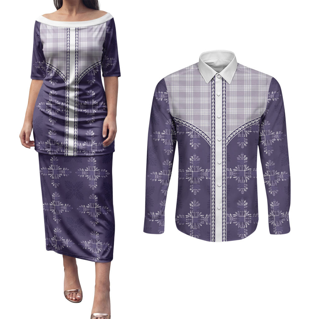 Purple Hawaii Paniolo Quilt Motif Couples Matching Puletasi and Long Sleeve Button Shirt