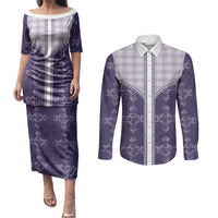 Purple Hawaii Paniolo Quilt Motif Couples Matching Puletasi and Long Sleeve Button Shirt