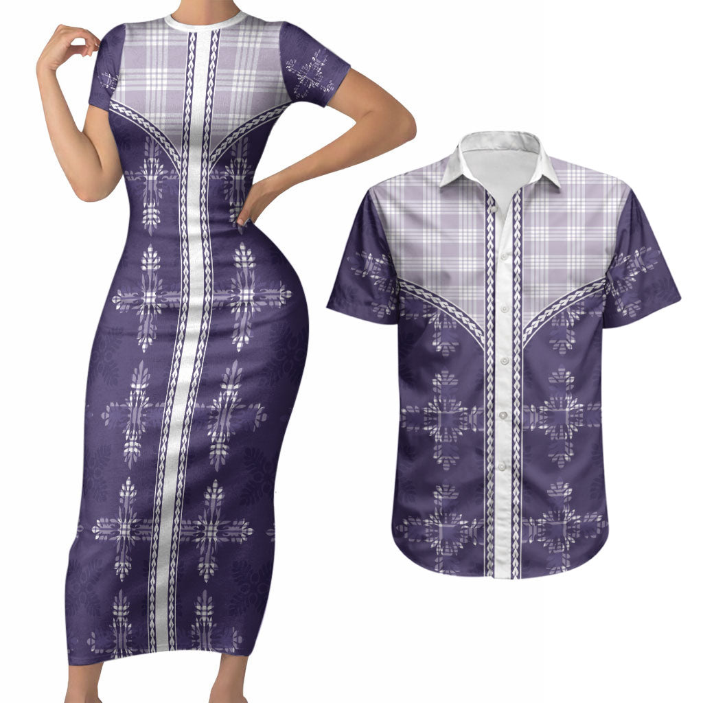 Purple Hawaii Paniolo Quilt Motif Couples Matching Short Sleeve Bodycon Dress and Hawaiian Shirt
