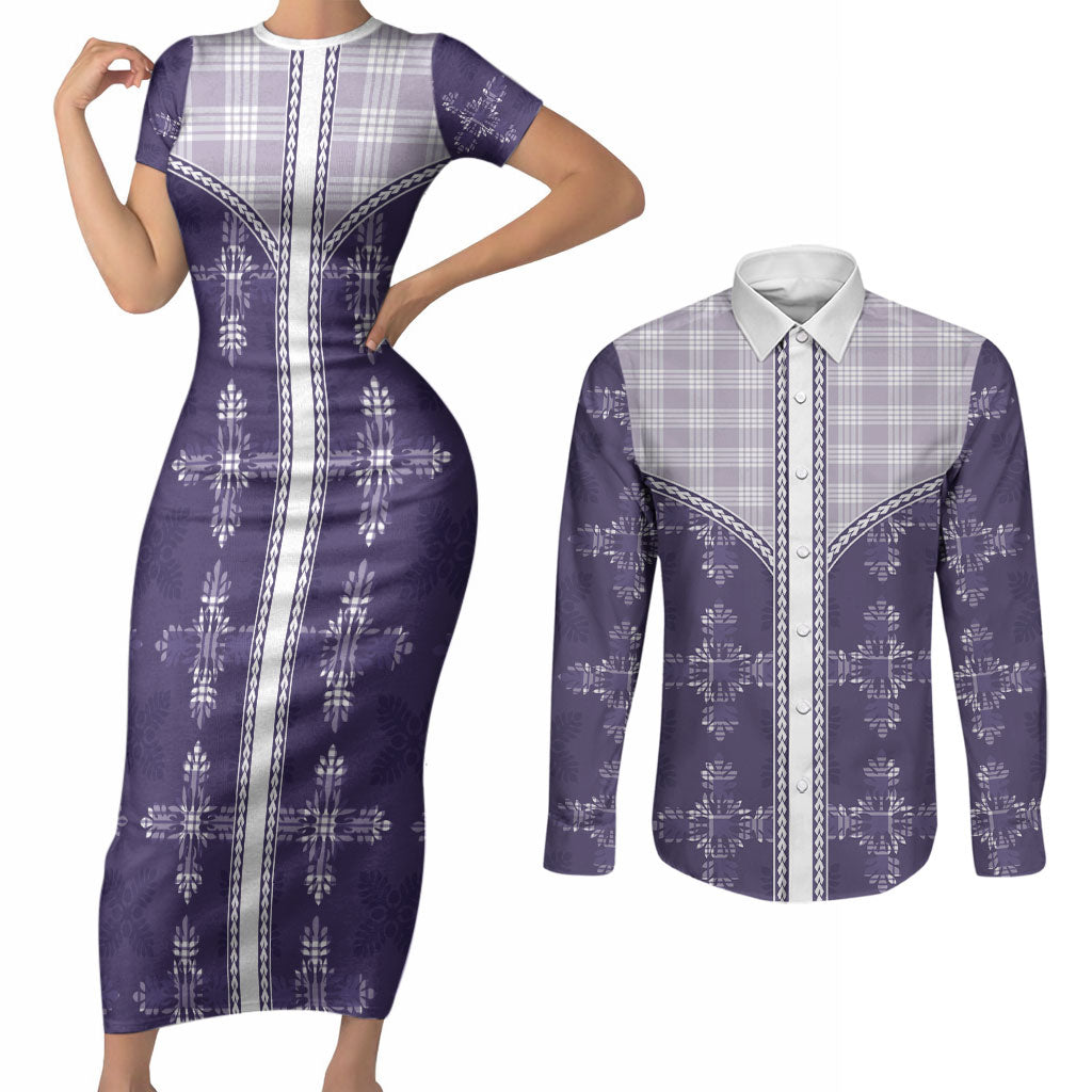 Purple Hawaii Paniolo Quilt Motif Couples Matching Short Sleeve Bodycon Dress and Long Sleeve Button Shirt LT05 Purple - Polynesian Pride