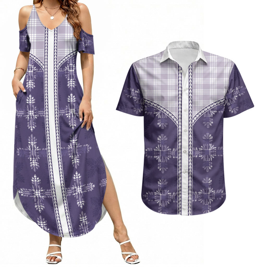Purple Hawaii Paniolo Quilt Motif Couples Matching Summer Maxi Dress and Hawaiian Shirt
