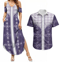 Purple Hawaii Paniolo Quilt Motif Couples Matching Summer Maxi Dress and Hawaiian Shirt