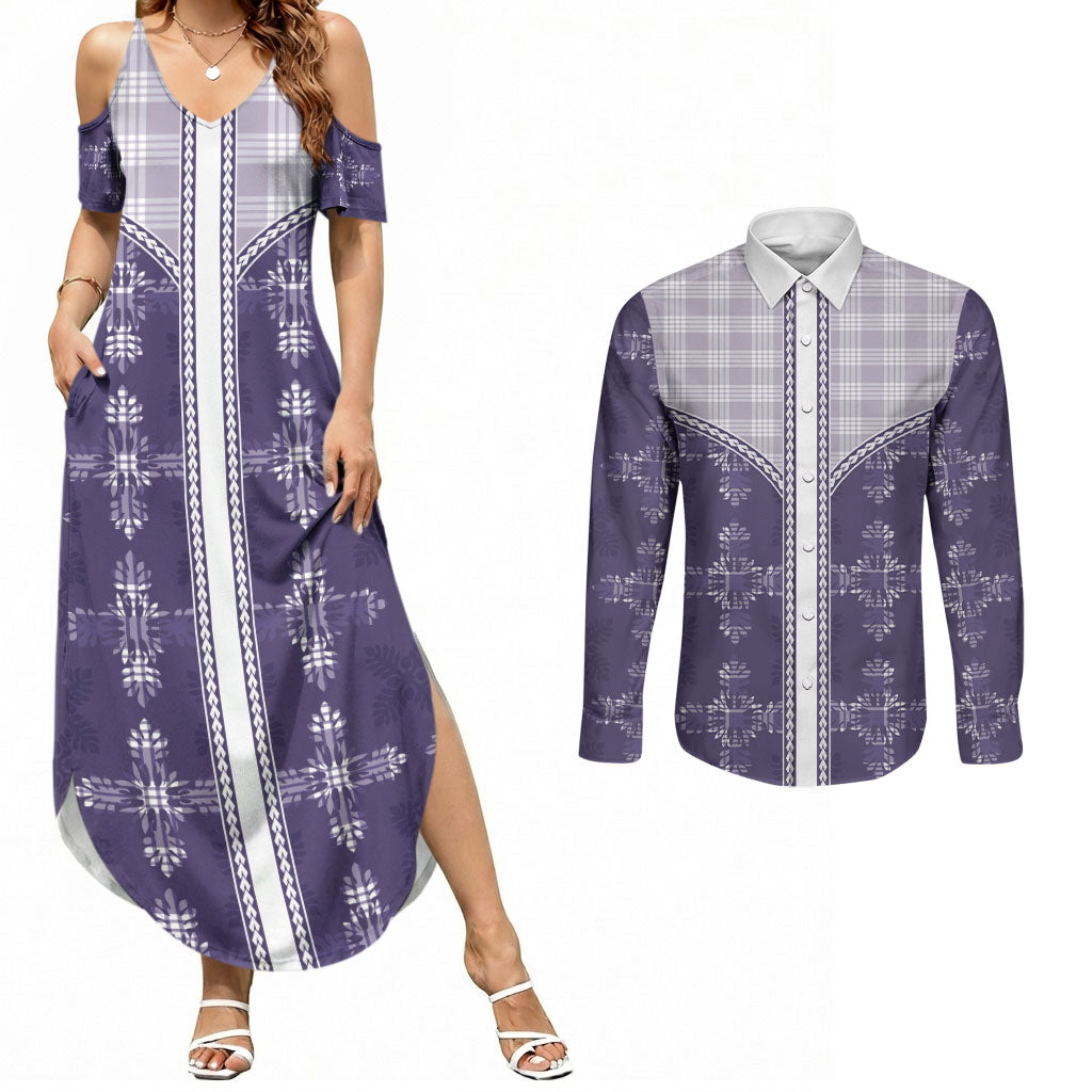 Purple Hawaii Paniolo Quilt Motif Couples Matching Summer Maxi Dress and Long Sleeve Button Shirt
