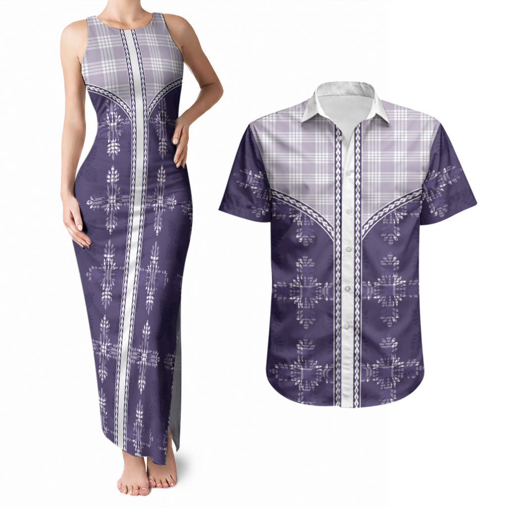 Purple Hawaii Paniolo Quilt Motif Couples Matching Tank Maxi Dress and Hawaiian Shirt