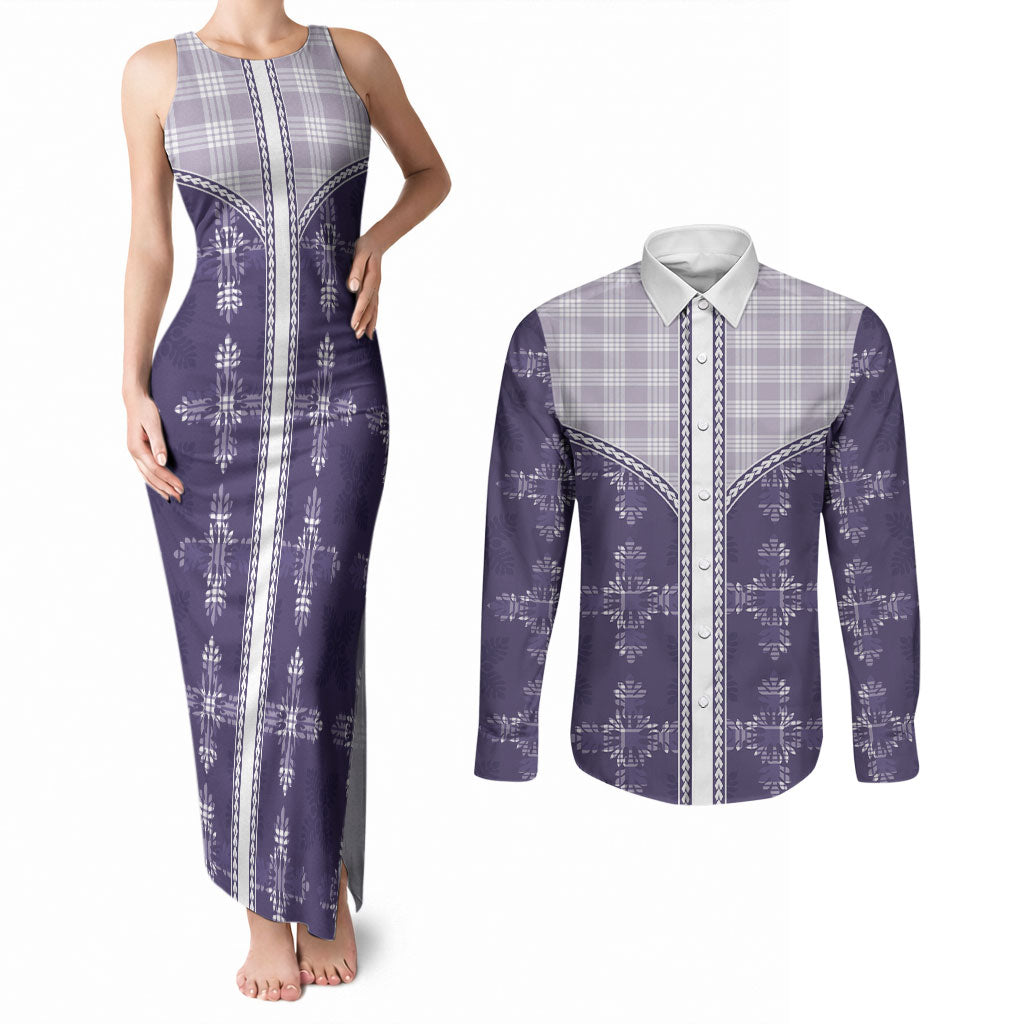 Purple Hawaii Paniolo Quilt Motif Couples Matching Tank Maxi Dress and Long Sleeve Button Shirt LT05 Purple - Polynesian Pride