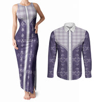 Purple Hawaii Paniolo Quilt Motif Couples Matching Tank Maxi Dress and Long Sleeve Button Shirt