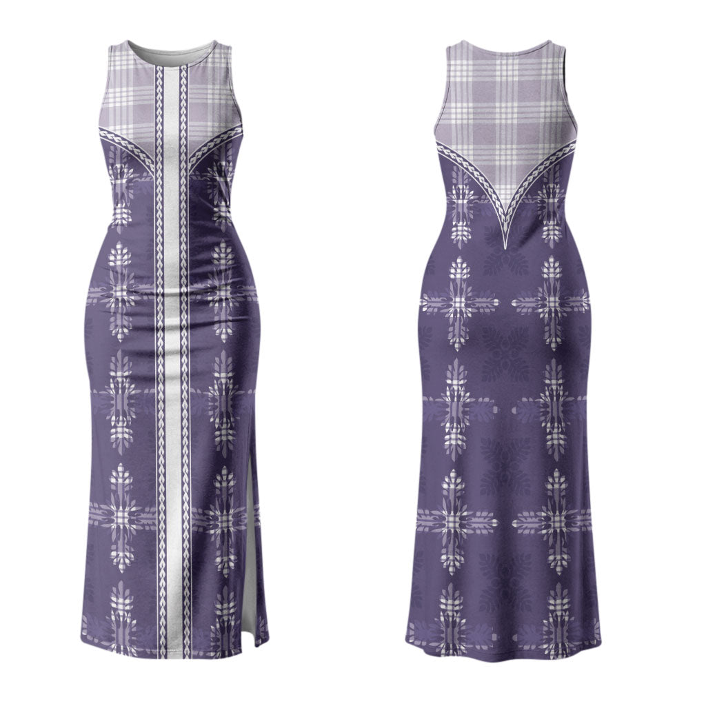 Purple Hawaii Paniolo Quilt Motif Couples Matching Tank Maxi Dress and Long Sleeve Button Shirt
