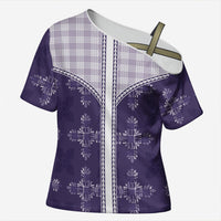Purple Hawaii Paniolo Quilt Motif Cross Shoulder Shirt
