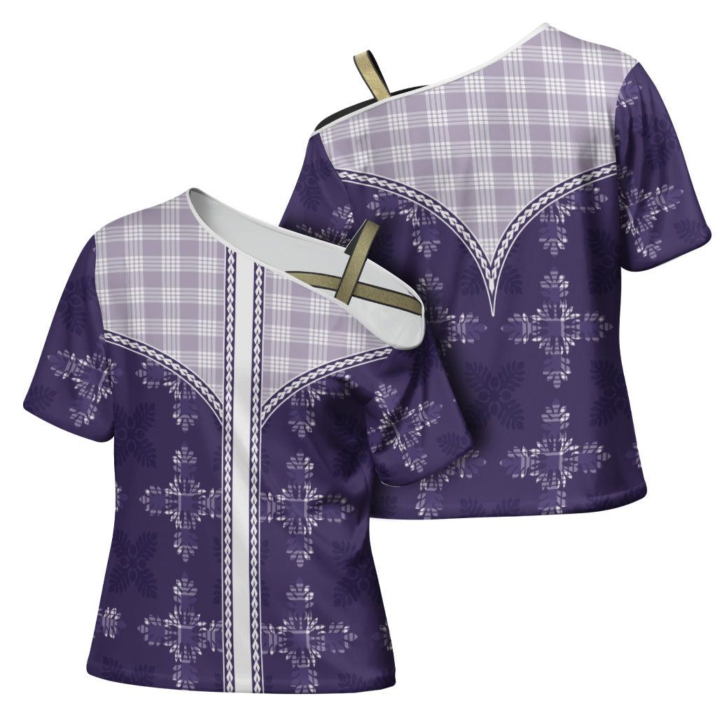 Purple Hawaii Paniolo Quilt Motif Cross Shoulder Shirt