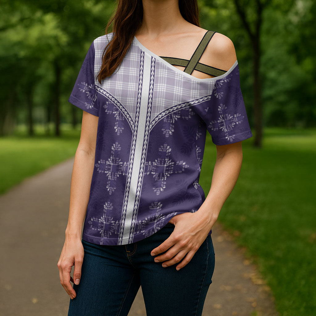 Purple Hawaii Paniolo Quilt Motif Cross Shoulder Shirt