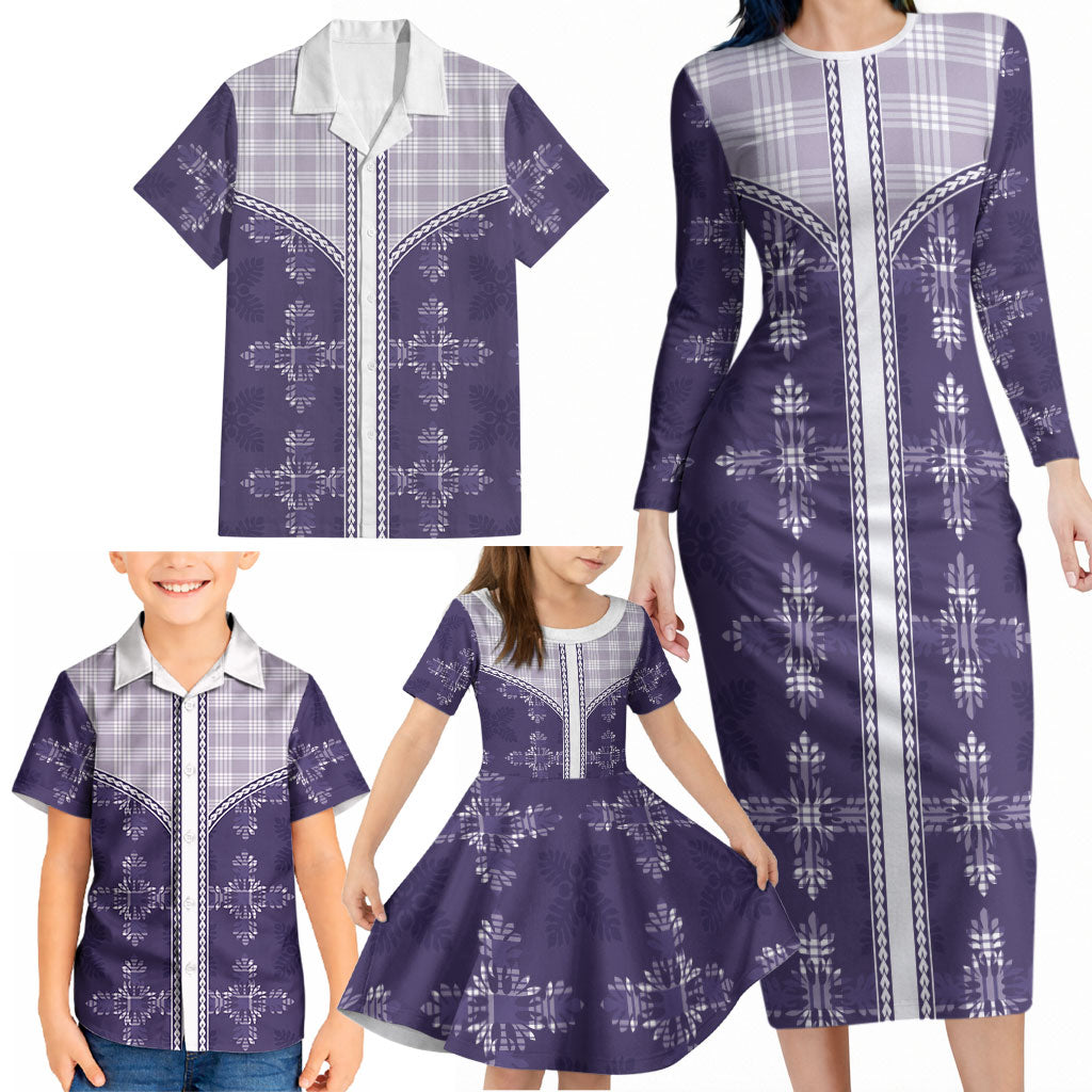 Purple Hawaii Paniolo Quilt Motif Family Matching Long Sleeve Bodycon Dress and Hawaiian Shirt