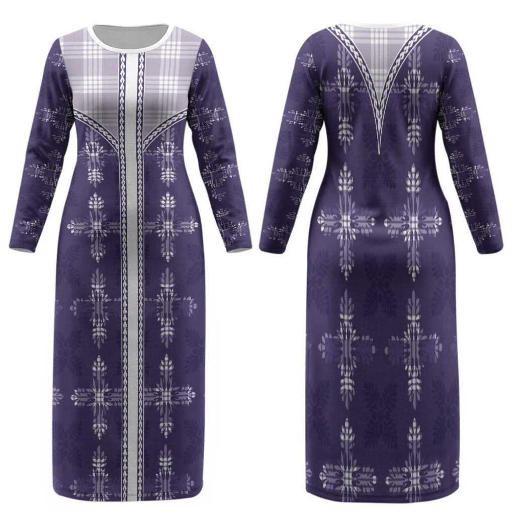 Purple Hawaii Paniolo Quilt Motif Family Matching Long Sleeve Bodycon Dress and Hawaiian Shirt
