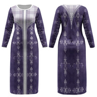 Purple Hawaii Paniolo Quilt Motif Family Matching Long Sleeve Bodycon Dress and Hawaiian Shirt