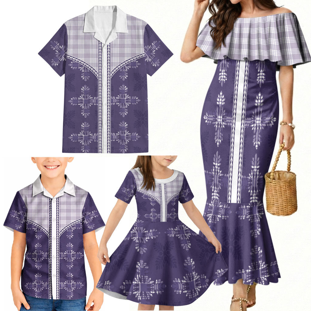 Purple Hawaii Paniolo Quilt Motif Family Matching Mermaid Dress and Hawaiian Shirt
