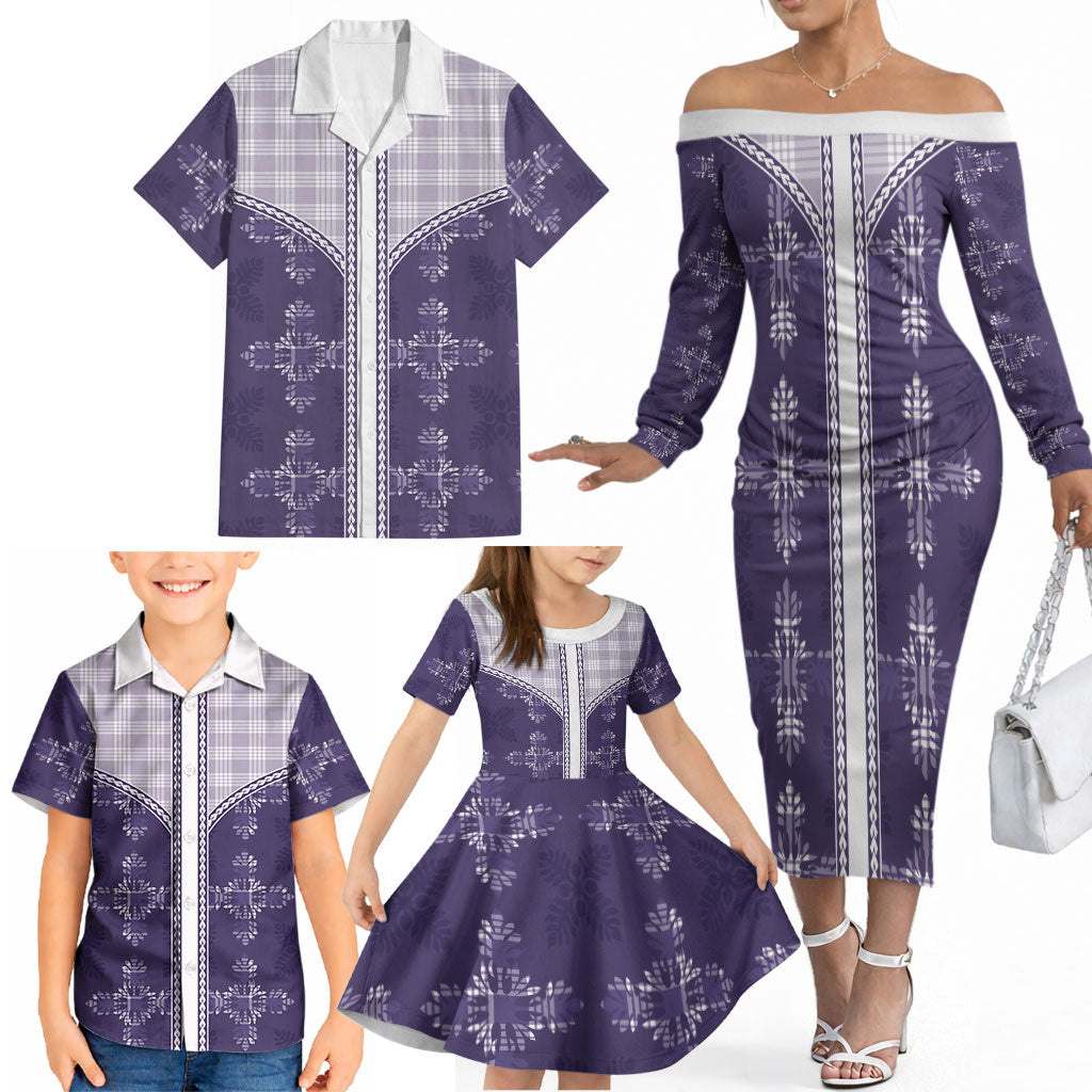 Purple Hawaii Paniolo Quilt Motif Family Matching Off The Shoulder Long Sleeve Dress and Hawaiian Shirt