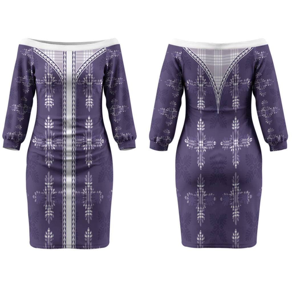 Purple Hawaii Paniolo Quilt Motif Family Matching Off The Shoulder Long Sleeve Dress and Hawaiian Shirt