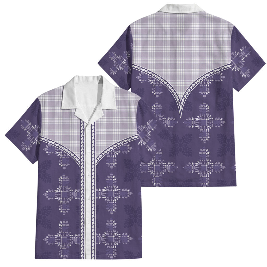 Purple Hawaii Paniolo Quilt Motif Family Matching Off The Shoulder Long Sleeve Dress and Hawaiian Shirt