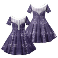 Purple Hawaii Paniolo Quilt Motif Family Matching Off The Shoulder Long Sleeve Dress and Hawaiian Shirt