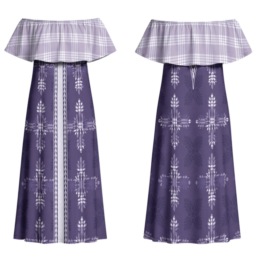 Purple Hawaii Paniolo Quilt Motif Family Matching Off Shoulder Maxi Dress and Hawaiian Shirt