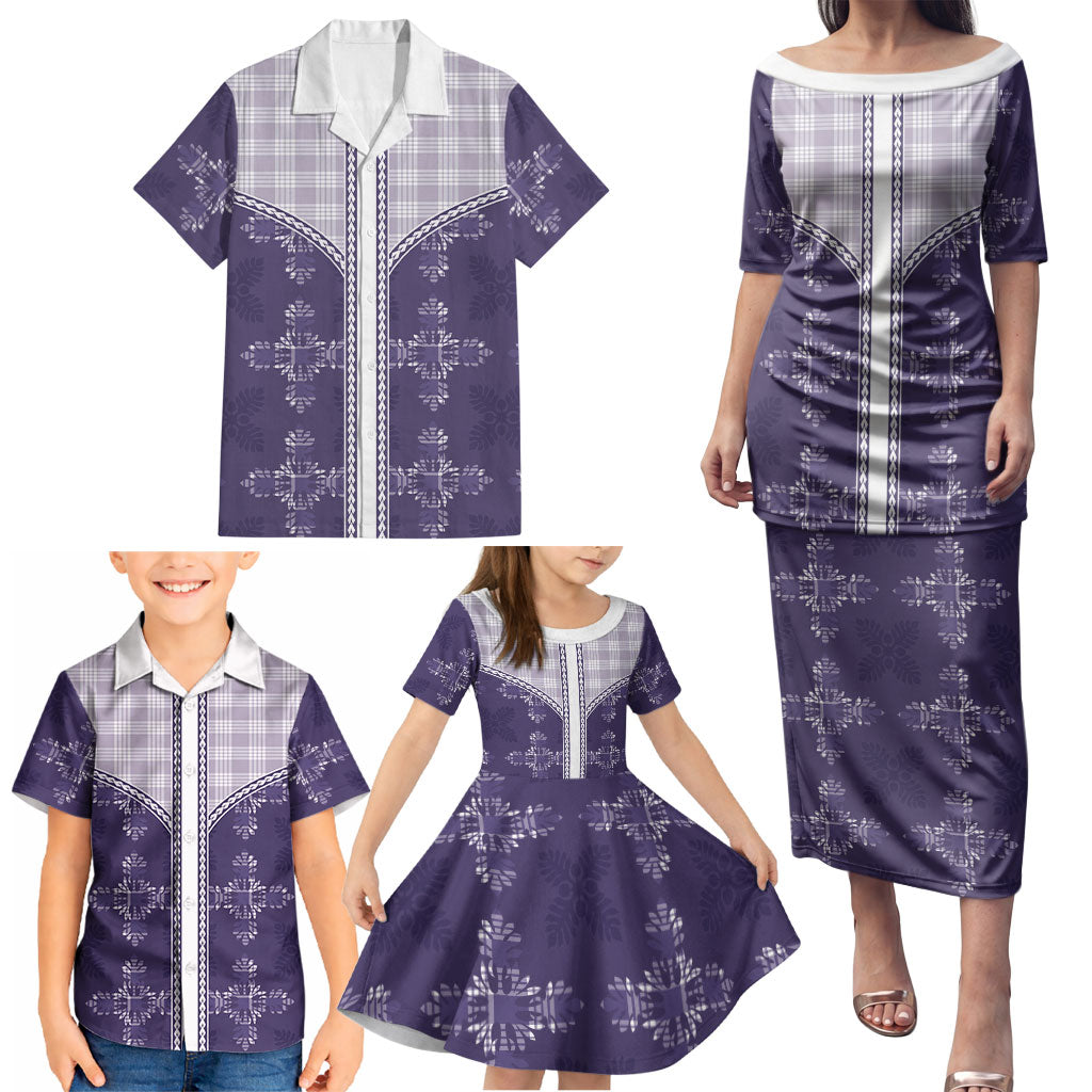 Purple Hawaii Paniolo Quilt Motif Family Matching Puletasi and Hawaiian Shirt