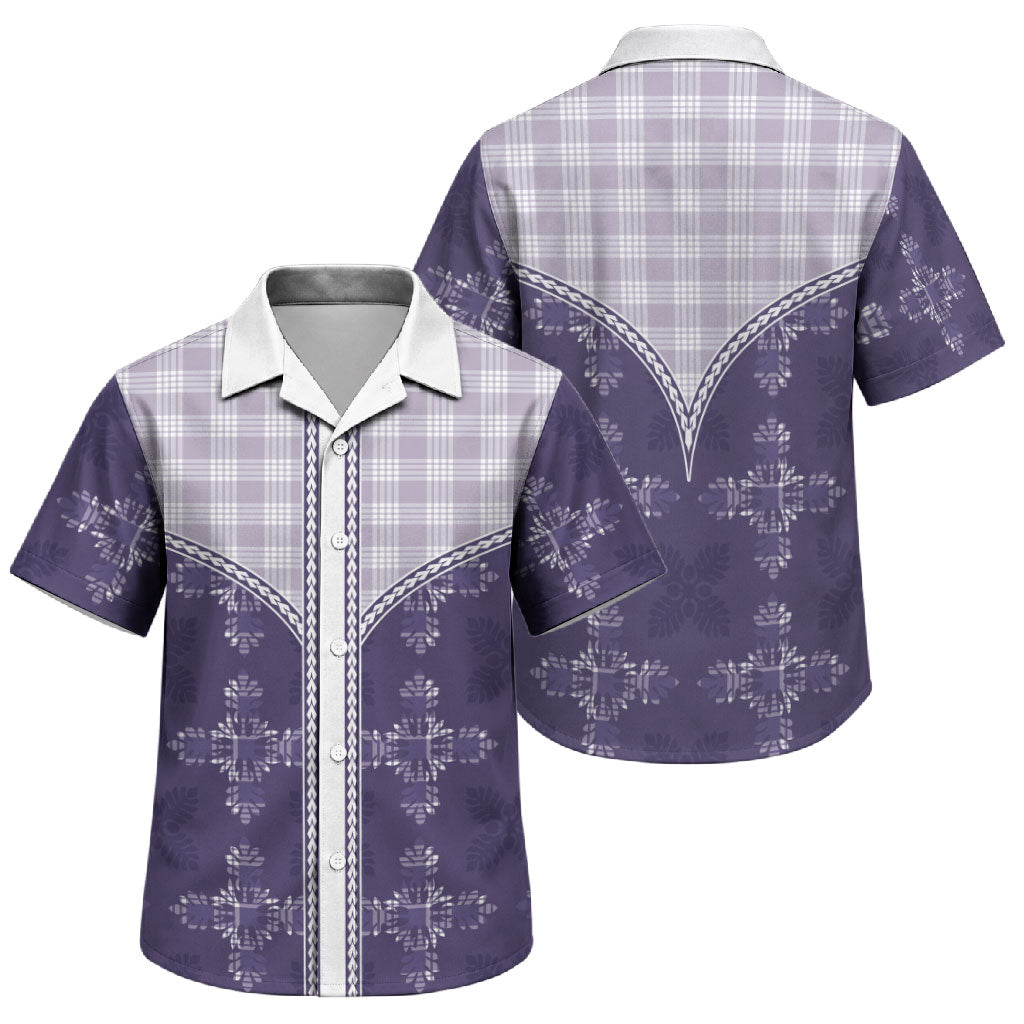 Purple Hawaii Paniolo Quilt Motif Family Matching Puletasi and Hawaiian Shirt