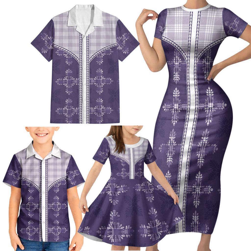 Purple Hawaii Paniolo Quilt Motif Family Matching Short Sleeve Bodycon Dress and Hawaiian Shirt